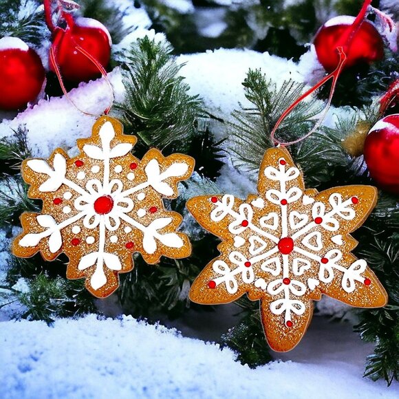 Gingerbread Snowflake Faux Frosted Cookie Ornaments Set Of 2 Fake Bake [v2 - Picture 1 of 8